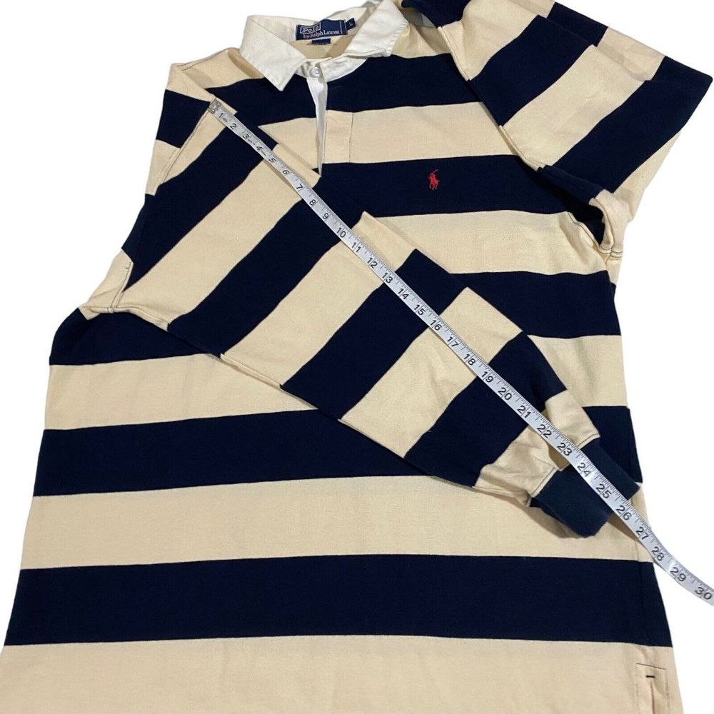 Ralph Lauren Polo Men Cream Navy Striped Red Pony Long Sleeve Rugby Polo Sz L - Picture 9 of 10